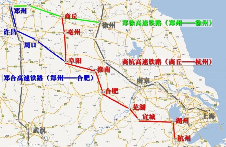 商合杭客专自河南省商丘站引出,安徽省亳州,阜阳,淮南,合肥,巢湖